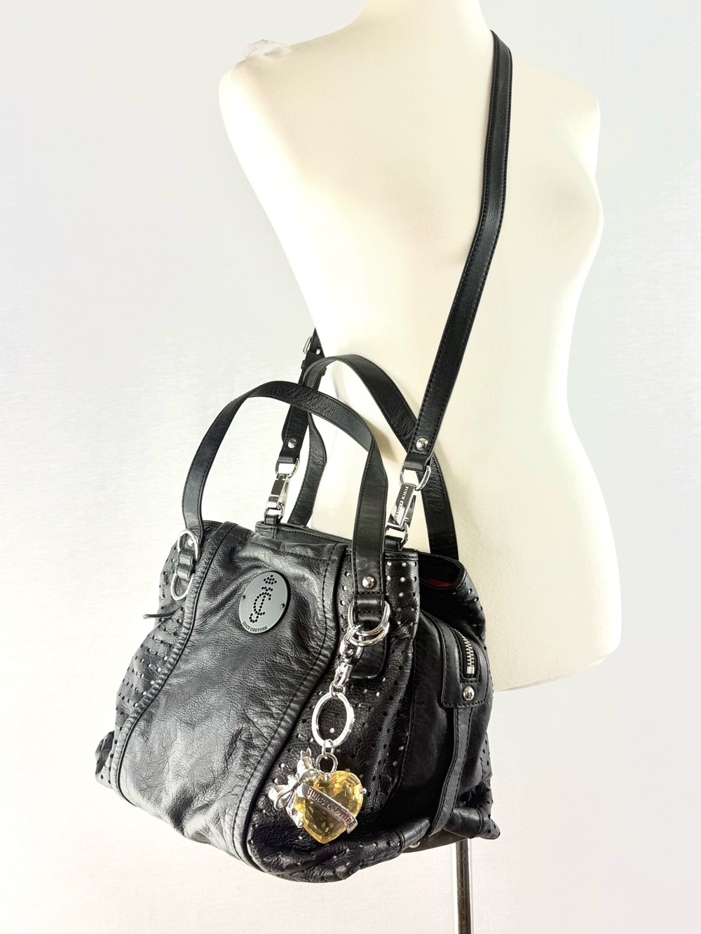 Juicy Couture RARE Y2K Black Cowhide Leather Perforated Hobo Bag